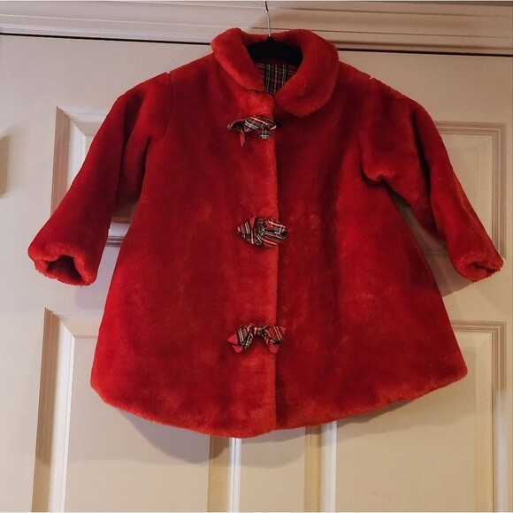PattyCakes red faux fur plaid lined coat size 4 - Picture 1 of 6